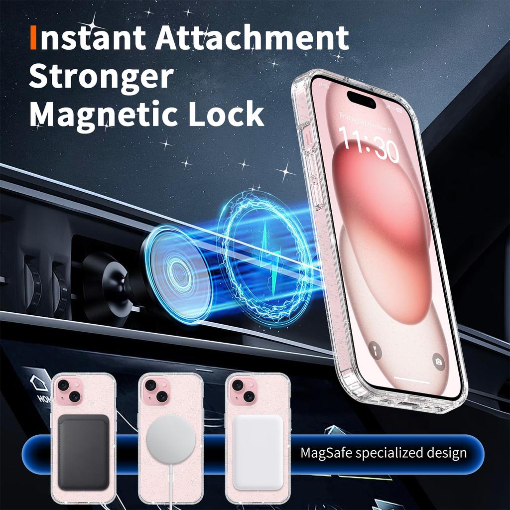 Anti-Yellowing Glitter Clear Cute Case for Magsafe Iphone 17 Air 16 E 15 15Pro 14 Plus 13 Pro Max 13Pro 14Pro 16Pro 17Pro Mag Safe Phone Cover