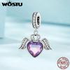 925 Sterling Silver Purple Heart Hanging Beads Guard Wings Pendant Charms for Women Bracelet Necklace DIY