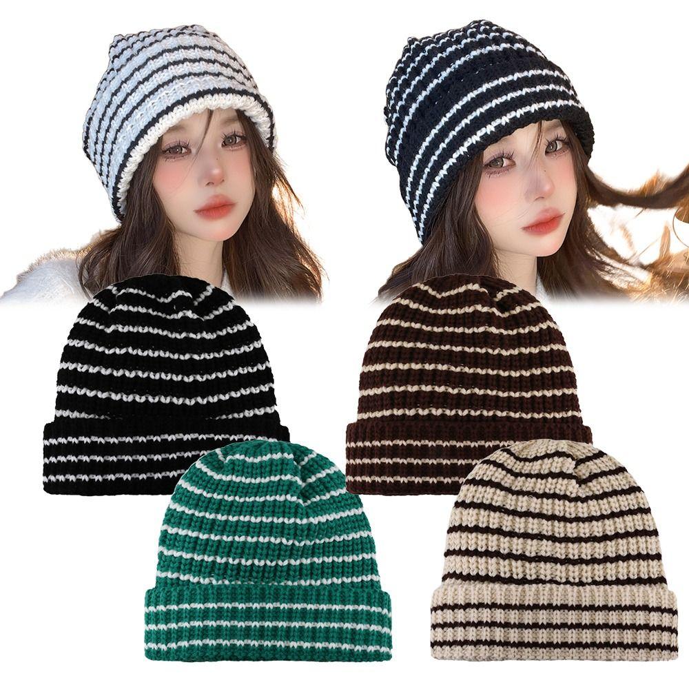 Striped Women Stripe Beanie Ins Little Devil Skull Cap Fashion Japanese Beanie Hat Autumn Winter
