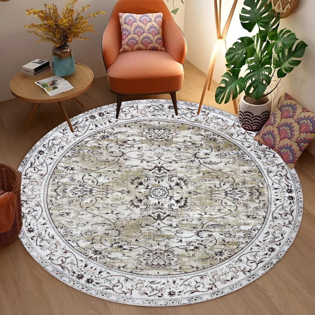 Luxury Floral Round Area Rug Vintage Bohemian Style for Living Room Bedroom Decor Soft Non-Slip Carpet