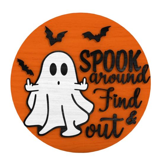 Halloween Ghost Door Sign Spook Around Find Out Welcome Sign Front Porch Hanging Wooden Plaque for Home Window Wall Decor