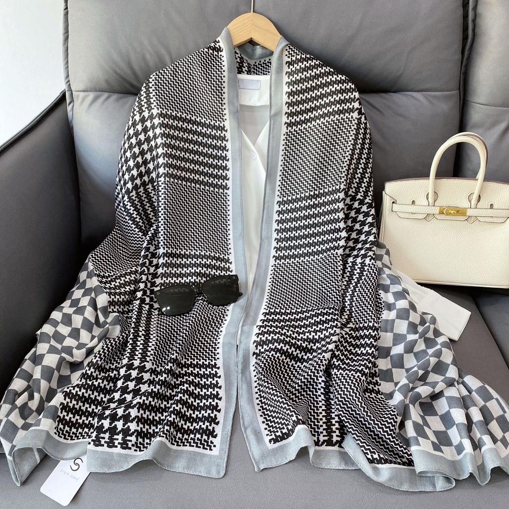 Retro Thousand Birds Grid Long Cotton and Linen Women's Summer Sun Protection Beach Towel Vacation Yarn Outside Air-conditioned Room Warm Scarf