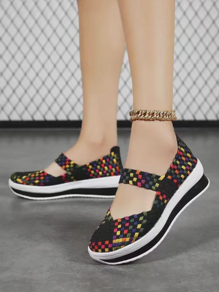 Легкие плетеные сандалии на танкетке большого размера с открытым носком