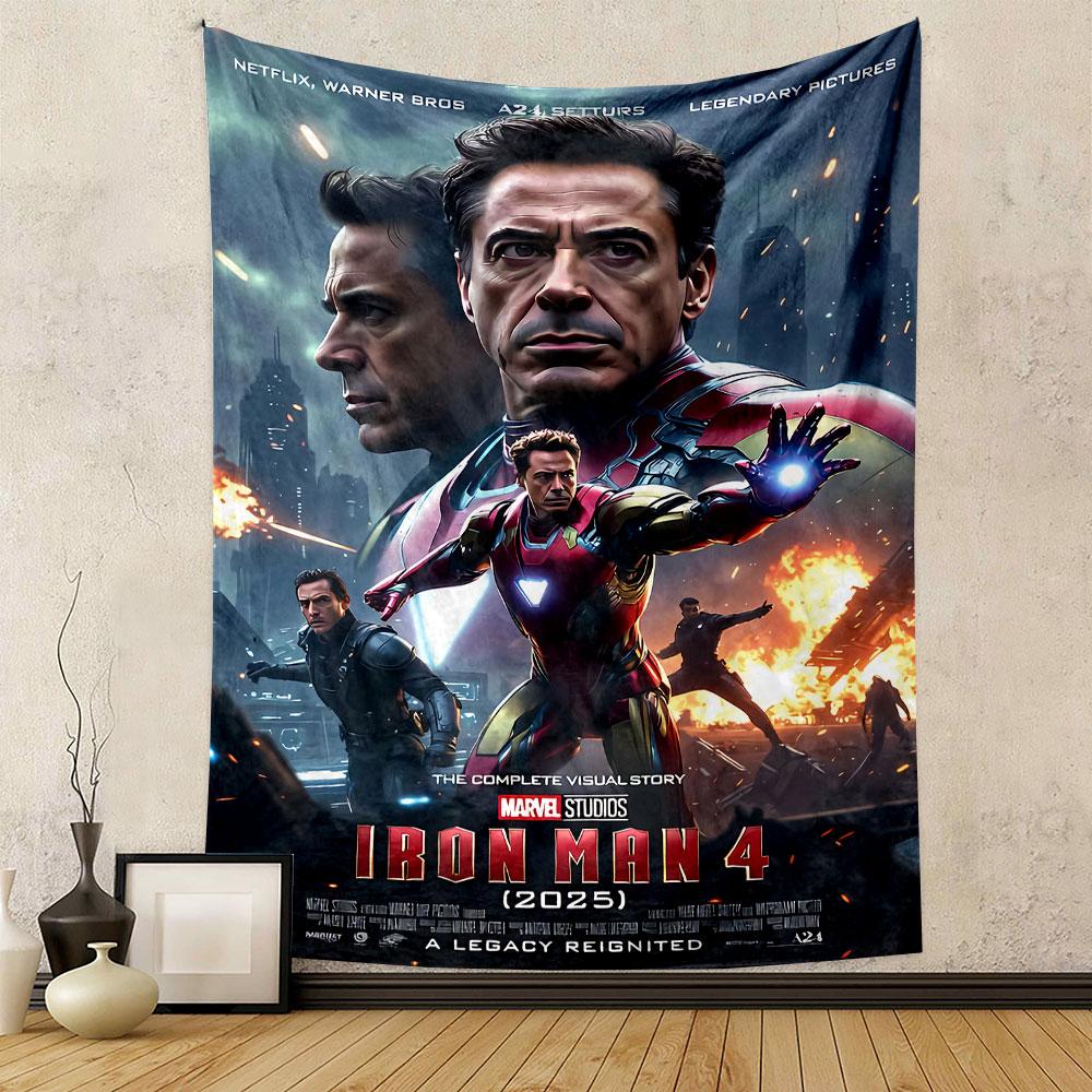 The pattern shows Iron Man in action with dramatic flames and city backdrop. Patterned tapestry for bedroom and living room home decor