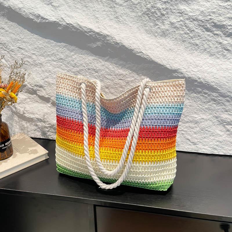 Повседневная пляжная сумка с полосатым переплетением Большая вместимость Пляжная сумка в ленивом стиле Радуга в стиле бохо Полая сумка-тоут в уличном стиле