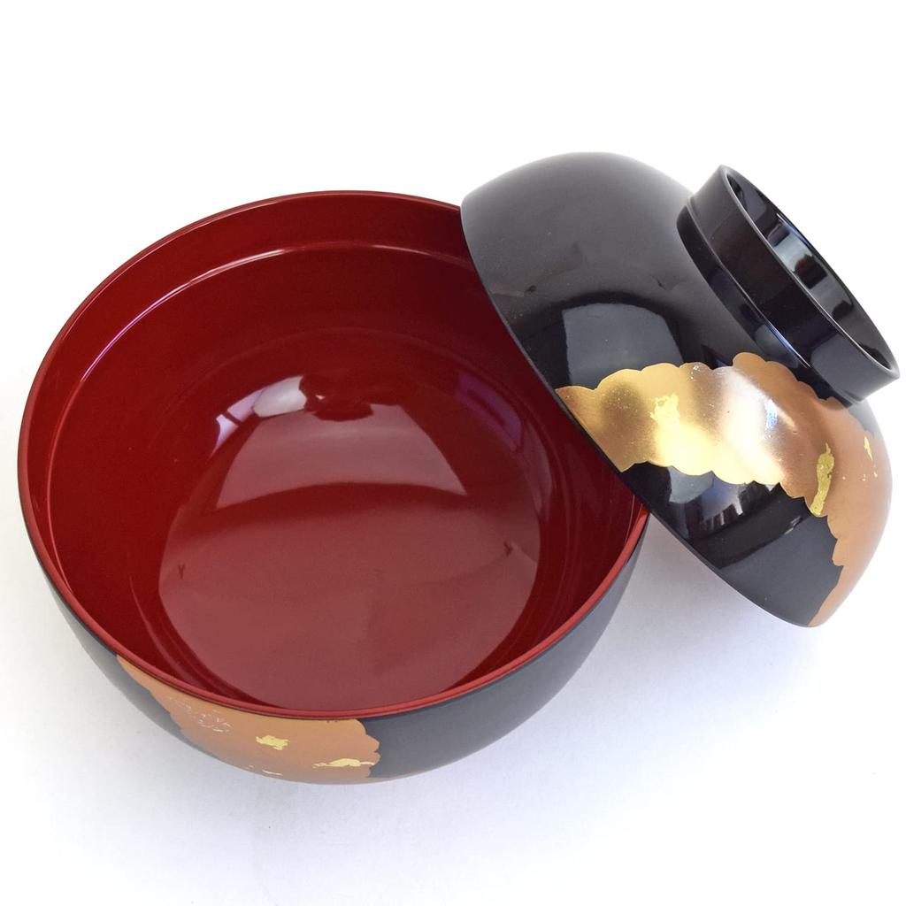 Maeju lacquerware Миска Zoni (450мл) - Большой размер, с крышкой, блестящая черная внутренняя поверхность с красным лаком и изображением журавля, золотая слюда, традиционное ремесло, Y