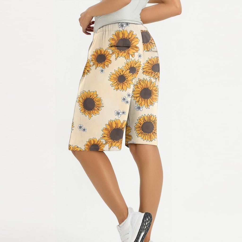 Женские летние свободные шорты из хлопка и льна с эластичным поясом и цветочным принтом