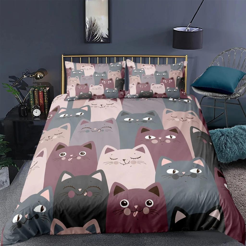 Cat Duvet Cover Polyester Pattern with Hipster Playful Feline Characters, Decorative 3 Piece Twin Bedding Set with 2 Pillow Sham