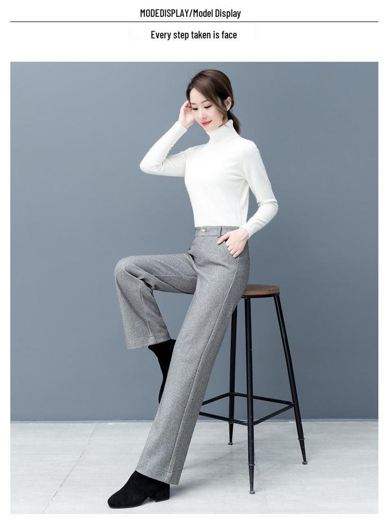 Women's Wool High-Waisted Wide-Leg Pants - Autumn & Winter Fashionable Slimming Casual Trousers