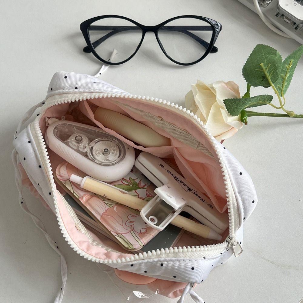 Large Capacity Polka Dot Pencil Bag White With Pink Bow Pencil Case School Supplies
