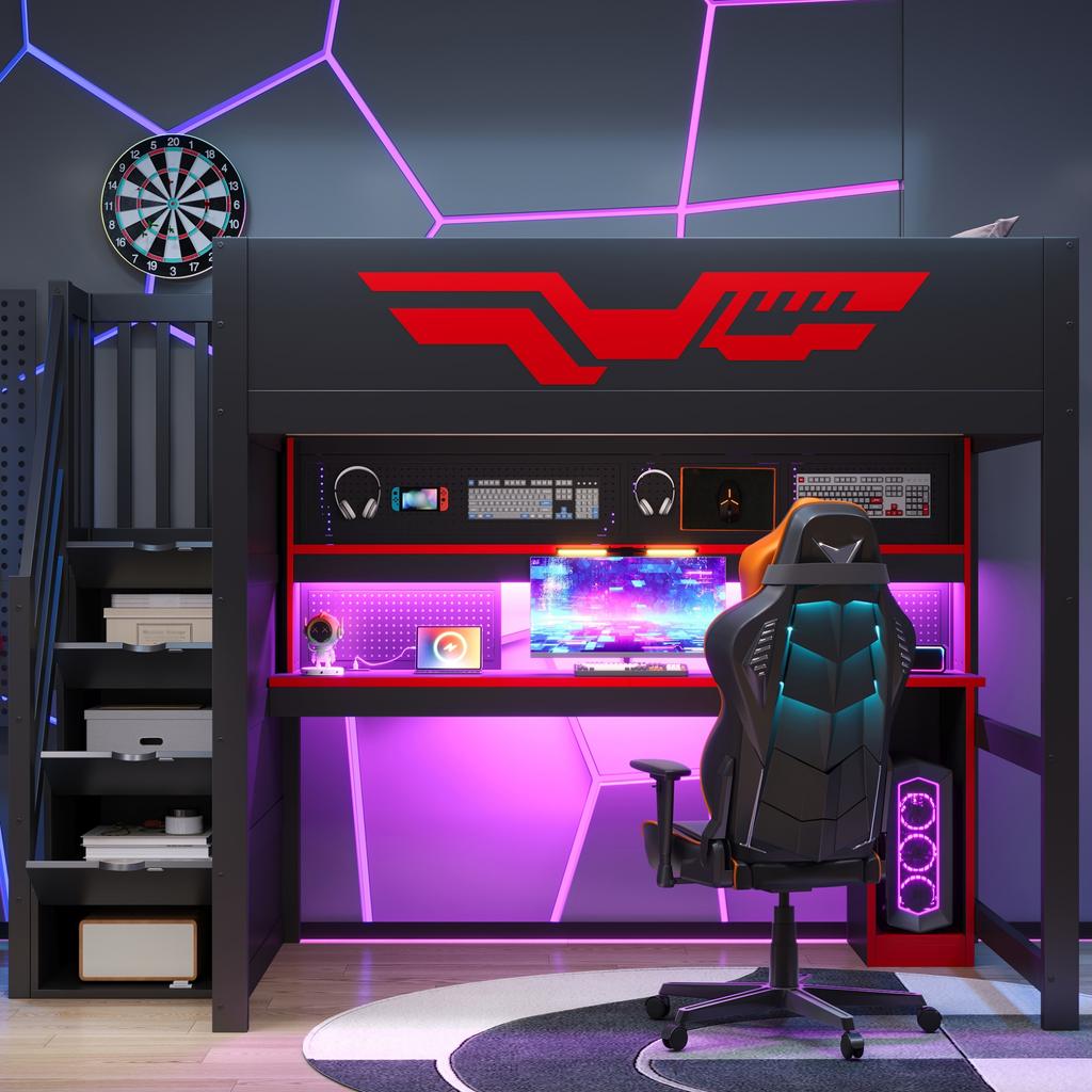 Gaming loft bed (140 x 200 cm) with desk, stairs with storage, LED lighting and USB port, Black