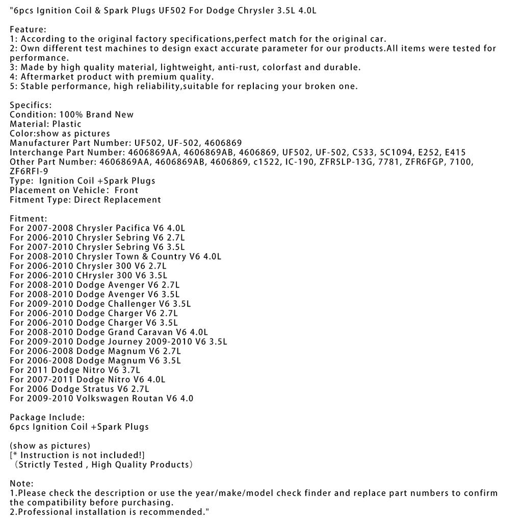 6 шт. Катушка зажигания и свечи зажигания UF502 для Dodge Chrysler 3.5L 4.0L