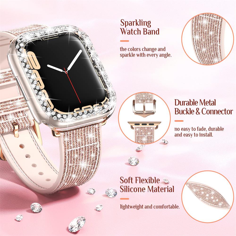 Case+silicone Leather Strap For Apple Watch Band 41mm 45mm 40mm 44mm 38mm 42mm 44 Bling Bracelet iWatch Serie 3 4 5 6 Se 7 Strap