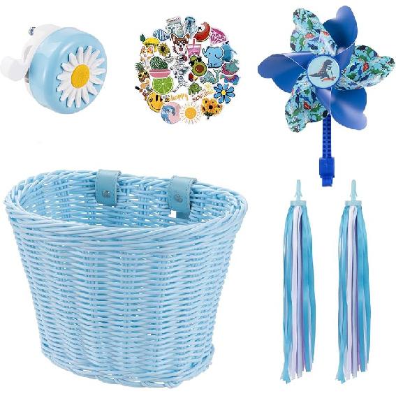 Детская корзина для велосипеда, Передняя корзина для велосипеда, Аксессуары для велосипеда для девочек и мальчиков, Плетеная корзина для велосипеда с наклейками, Велосипедный звонок, Ветряк и 1 пара цветных