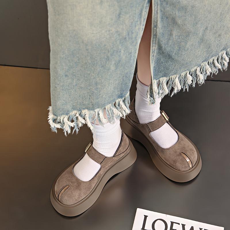 Модная женская обувь на толстой подошве, одинарная обувь, весна, новая, круглый носок, с мелким вырезом, замшевая, с металлической пряжкой, противоскользящая, износостойкая, низкая