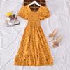 "French Retro Floral Square Neck Puff Sleeve Dress for Petite Women - High Waist, Sweet, Short Spring Style"