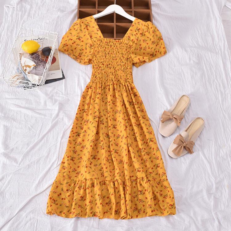 "French Retro Floral Square Neck Puff Sleeve Dress for Petite Women - High Waist, Sweet, Short Spring Style"