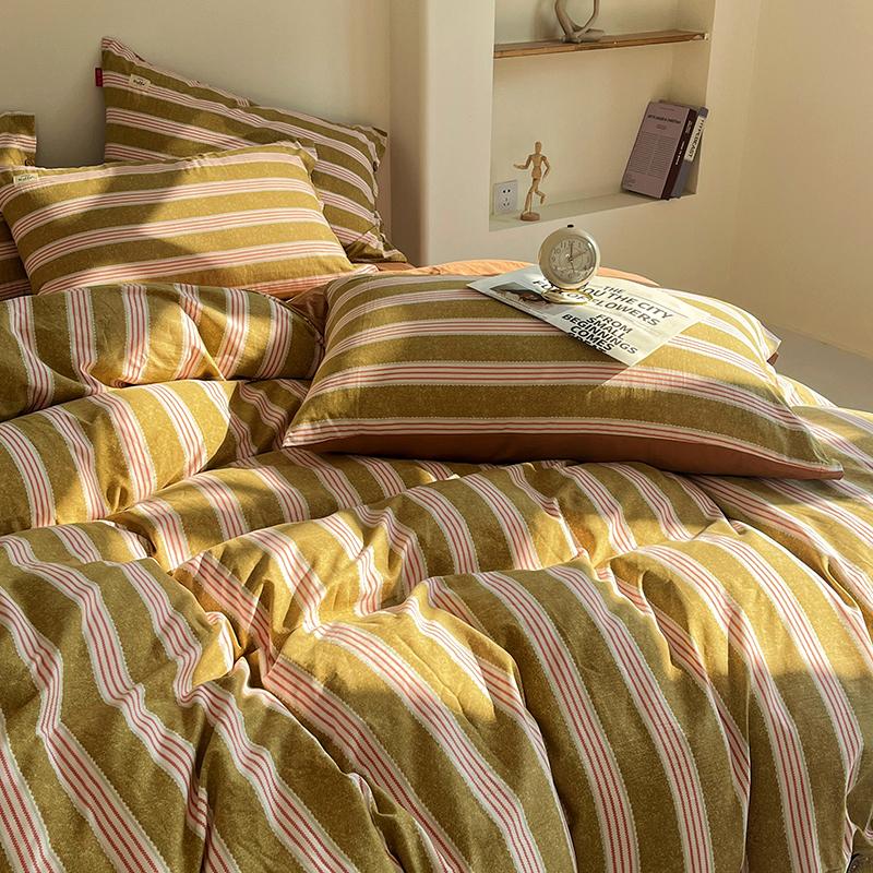 Stripe Bedding Set Plaid Duvet Cover 100% Washed Cotton 4pcs Bedding for Winter Bed with Sheet Pillowcases Home Textiles