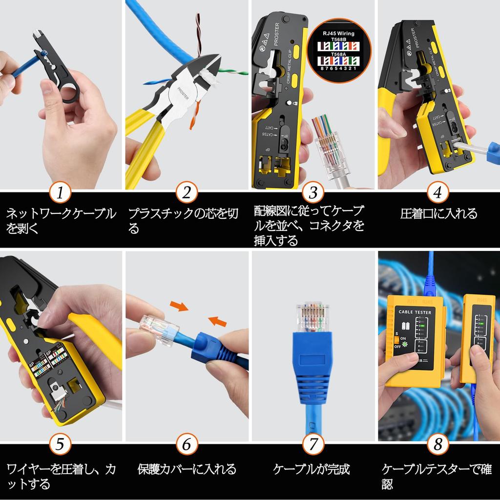 Proster RJ45 Crimping LAN Crimping Compatible with RJ45 Penetrating Connector Cable Replacement Japanese Instruction Manual Compatible with Telephone