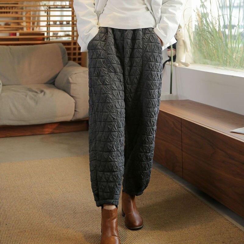 Johnature Quilted Thickened Women Bloomers Loose Elastic Quilted Cotton Trousers Winter Solid Color Casual Pants