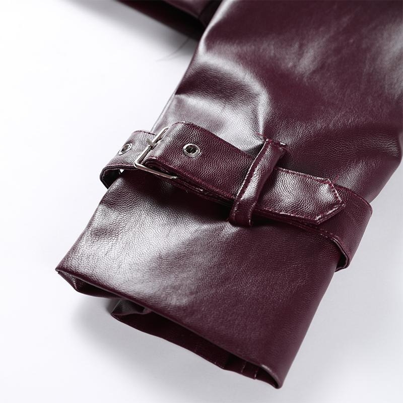 Уличная короткая куртка из кожи бордового цвета с красными карманами и лацканами для женщин, куртка с длинным рукавом, осенняя свободная верхняя одежда для женщин