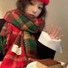 New Year Red Tassel Plaid Scarf: Knitted Warm Korean Style for Women - Autumn & Winter