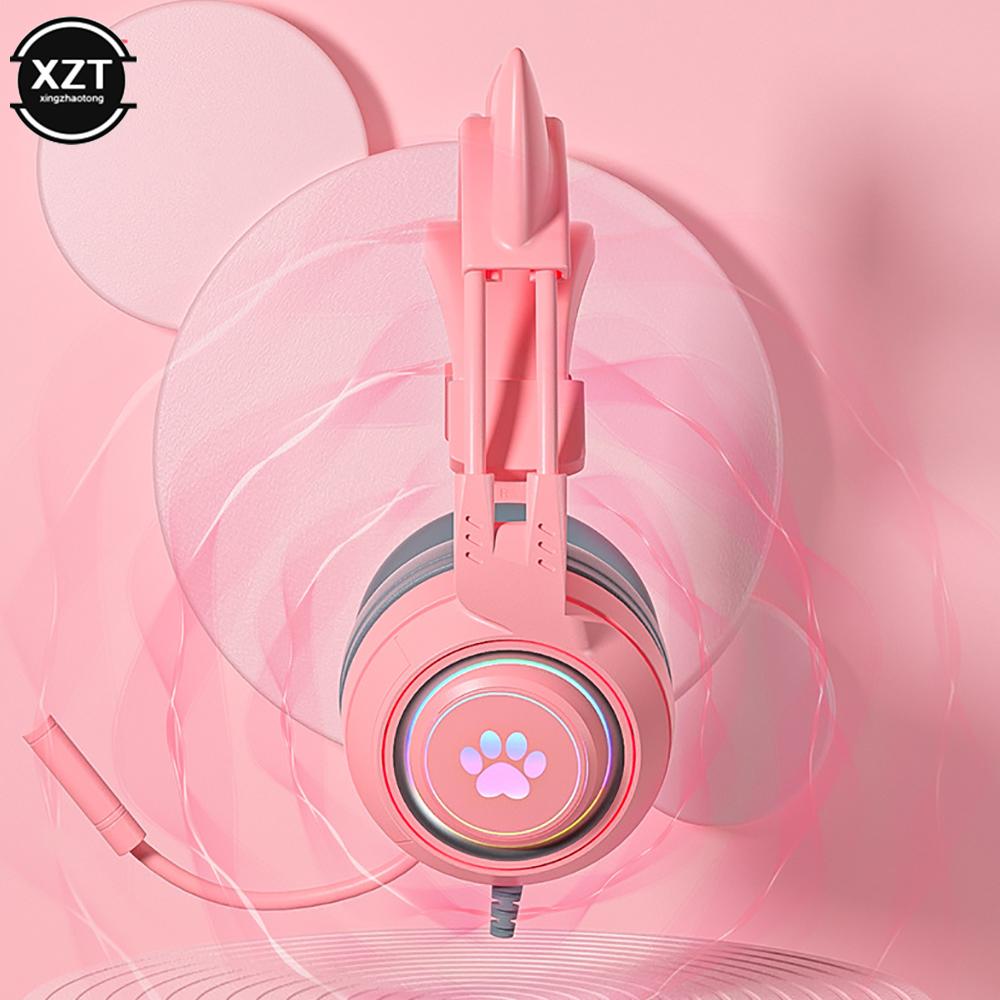 Светящиеся игровые наушники с кошачьими ушками для ПК, компьютерные игровые гарнитуры с микрофоном, шумоподавлением, проводной USB 3,5 мм для Ps4/xbox One