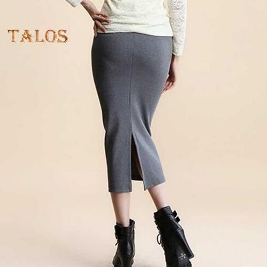 Женская юбка-миди со средней посадкой и разрезом сзади, однотонная вязаная юбка, офисная женская юбка с запахом бедра, рабочая одежда