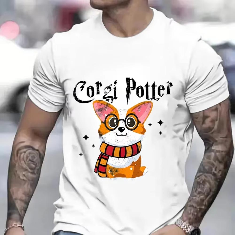 Corgi Potter Funny Dog Men T-Shirt Fashion Dog Lovers Cute Graphic Tees Hip Hop Harajuku Streetwear Oversized Male Clothing