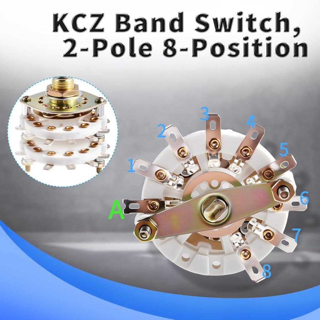 KCZ Rotary Band Switch 2P8T 2 Pole 8 Position Band Channel Rotary Selector Switches 2 Deck Waveband switches with Linear Knob for TV, Radio,