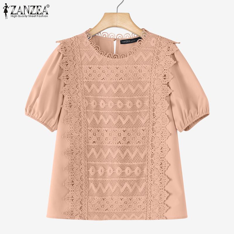 ZANZEA Женская повседневная блузка с круглым вырезом, коротким рукавом, свободного кроя, с лоскутным узором, связанным крючком