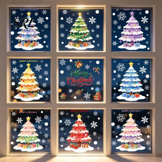 Christmas Party Supplies 9Pcs Macaron Tree Static Window Clings, Snowflake Gift Reusable Glass Stickers Stickers, Decals for Shop Home Holiday