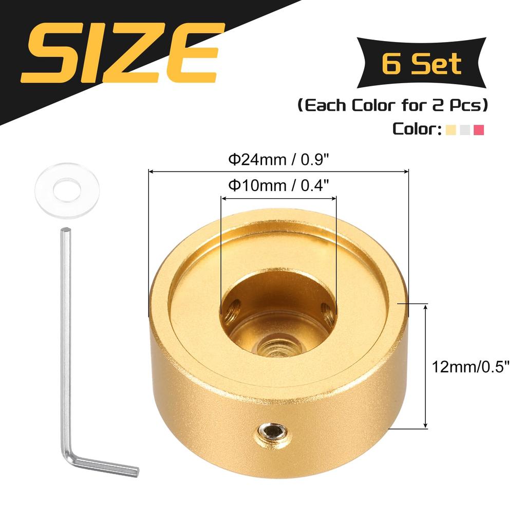 Uxcell 6 Pieces Footswitch Toppers Guitar Pedal Button Caps Metal Footswitch Top Covers for Guitar Effect Pedal and Red 3/8" Buttons, Gold, Silver,