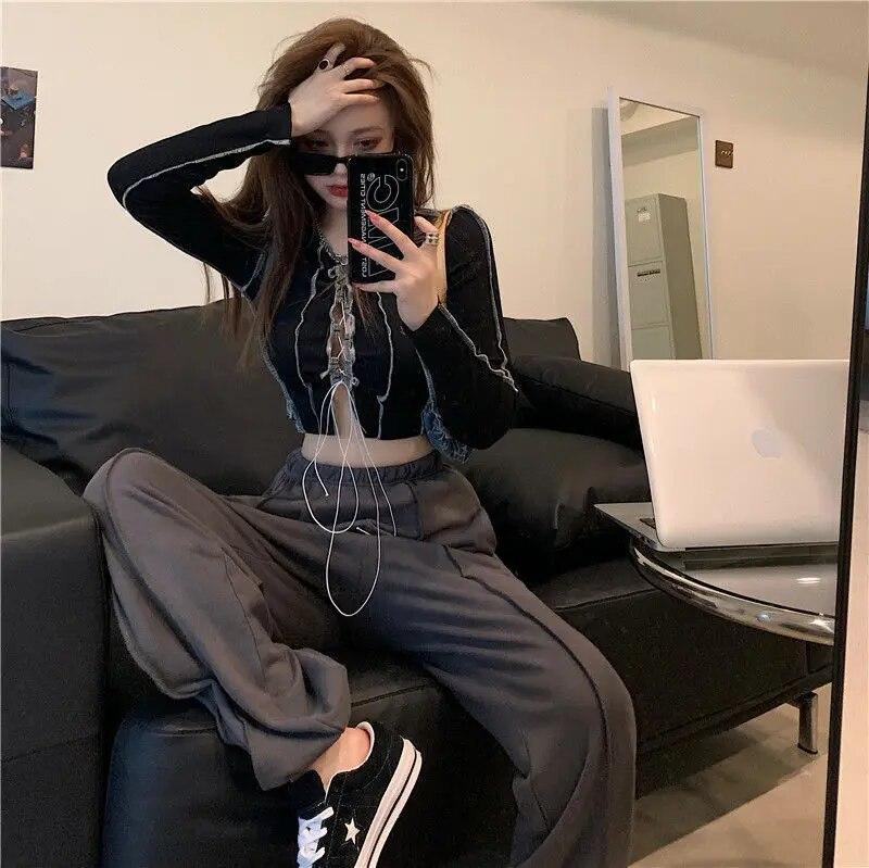 T-shirts Women Fashionable Bust Hollow-out Design Long Sleeve Cool Female Hipster Y2k Tees Crop Top Sexy Hot Girls High Street