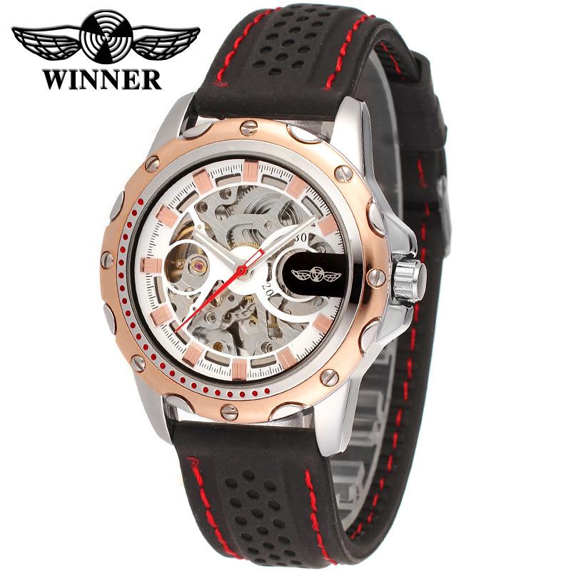 Winner Top Men's Watch Skeleton Men's Automatic Mechanical Watch Black Fashion Watch Silicone Strap