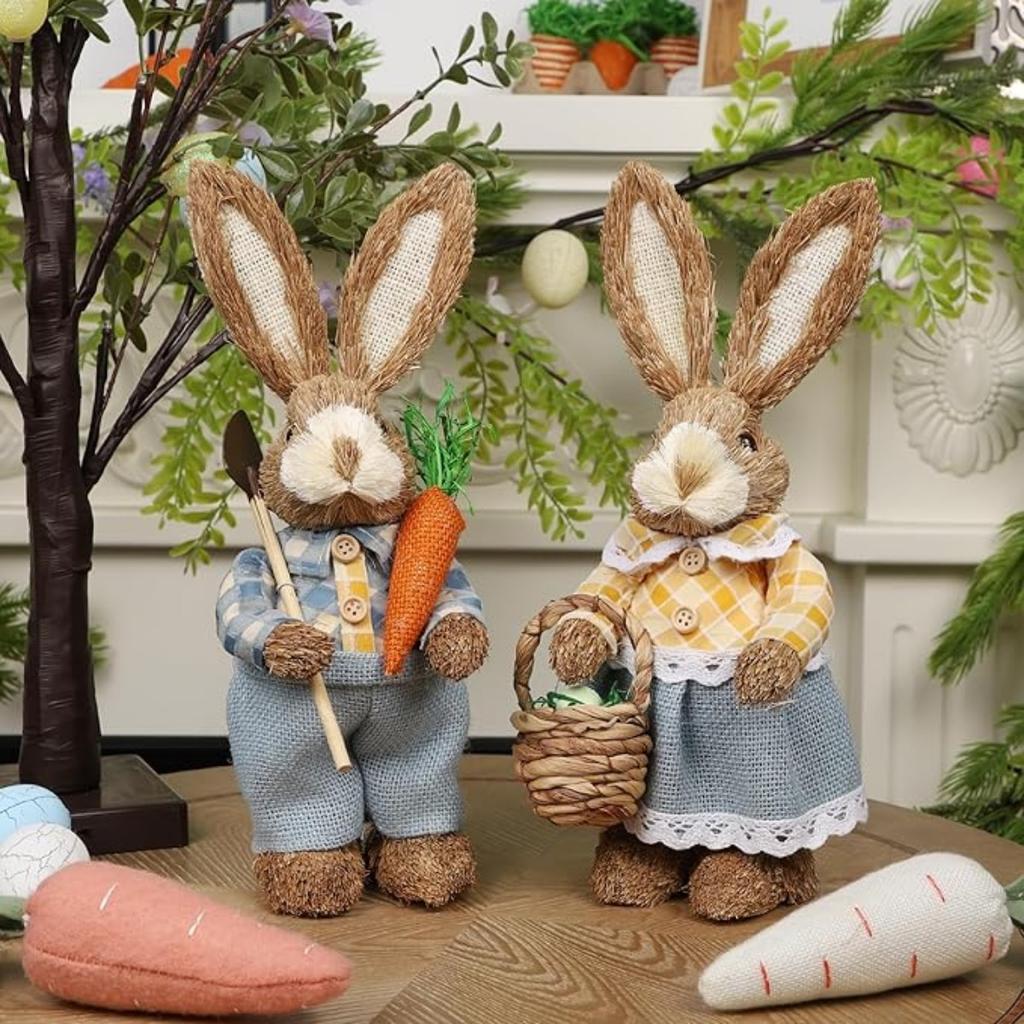 Набор из 2 пасхальных украшений: фигурка соломенного кролика, настольный декор, статуэтка пары кроликов с морковными яйцами, весенний декор, центральный элемент для домашнего стола, фермерского дома