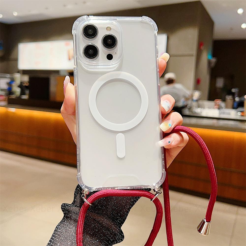 Ремешок через плечо для Magsafe, магнитный чехол с беспроводной зарядкой для iPhone 11 12 13 14 15 Pro Max X XR XS 7 8 Plus SE, прозрачный чехол