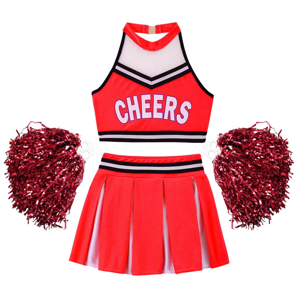 School Girls Costume Cheerleading Uniform Crop Vest Tops Pleated Skirt for Student Cosplay Party