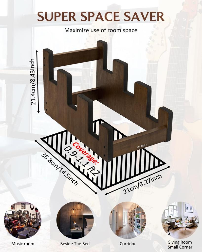 STRICH Wooden Guitar Front Stand for and Stage Walnut Color 3 L-3EW Floor-Mounted Stand, 3-Guitar Capacity, Display, Space-Saving, Multi-Guitar Home,