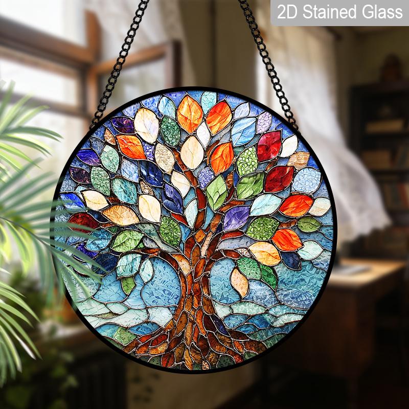 2D Flat, 1pc Rainbow Tree of Life Round Glass Suncatcher, Colorful Life of Tree Stained Glass Style Window Hanging, Multicolor Leaves Design with