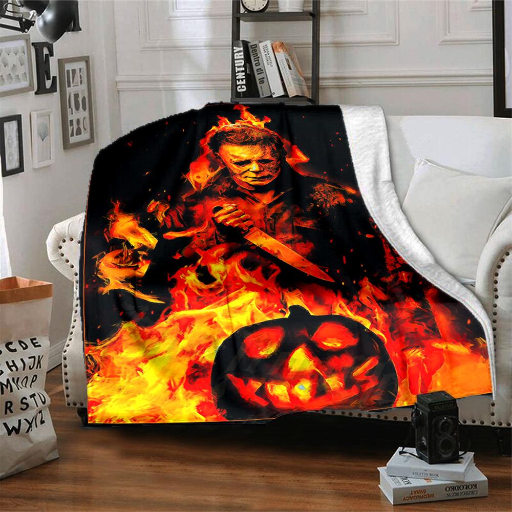 1Pc Halloween Horror Icon Flannel Blanket, Soft And Comfortable, Casual Warm, Camping Travel, Christmas, Halloween Xmas Gift L1544