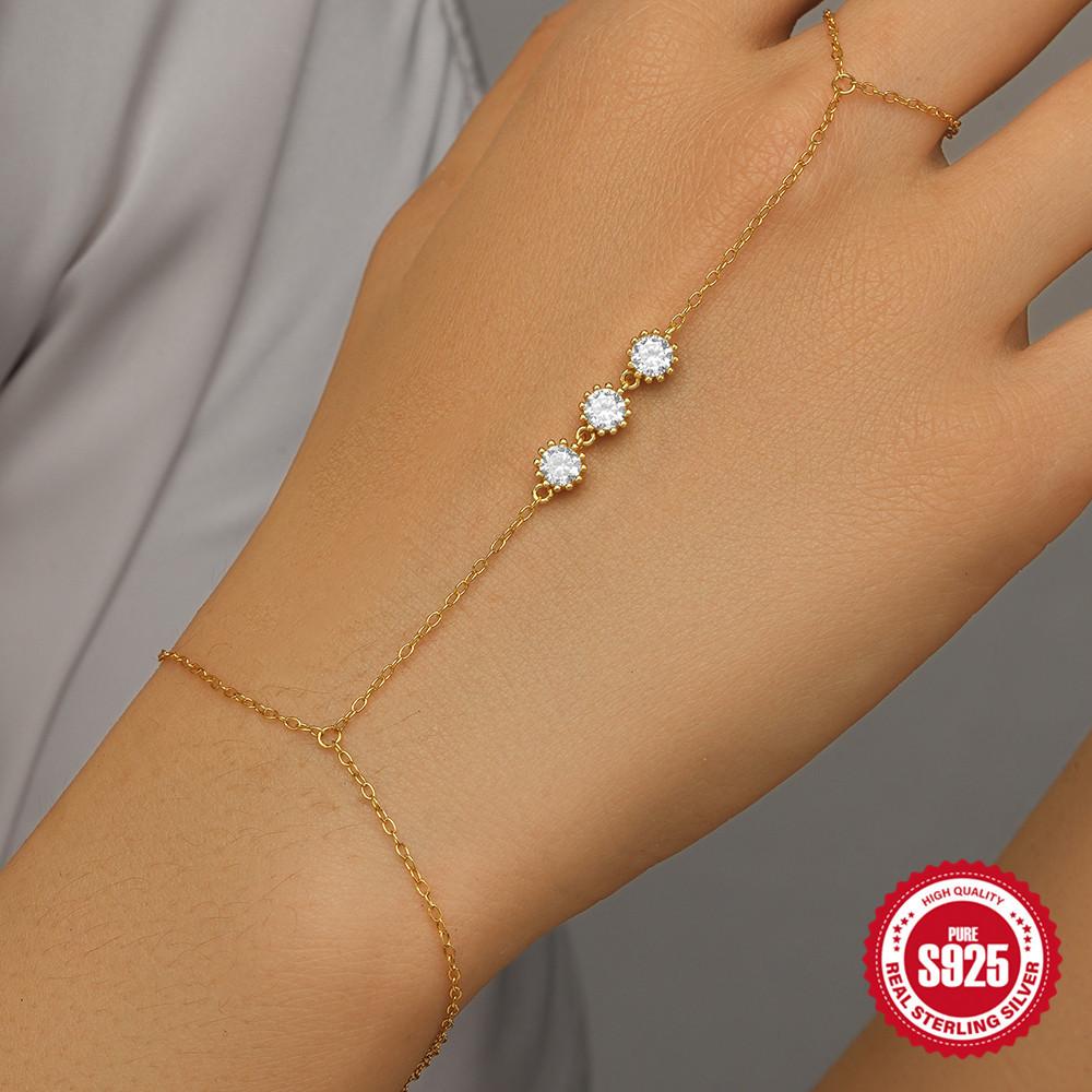 Золотой, модный женский браслет на палец из циркония, простой браслет из стерлингового серебра 925 пробы с бриллиантами