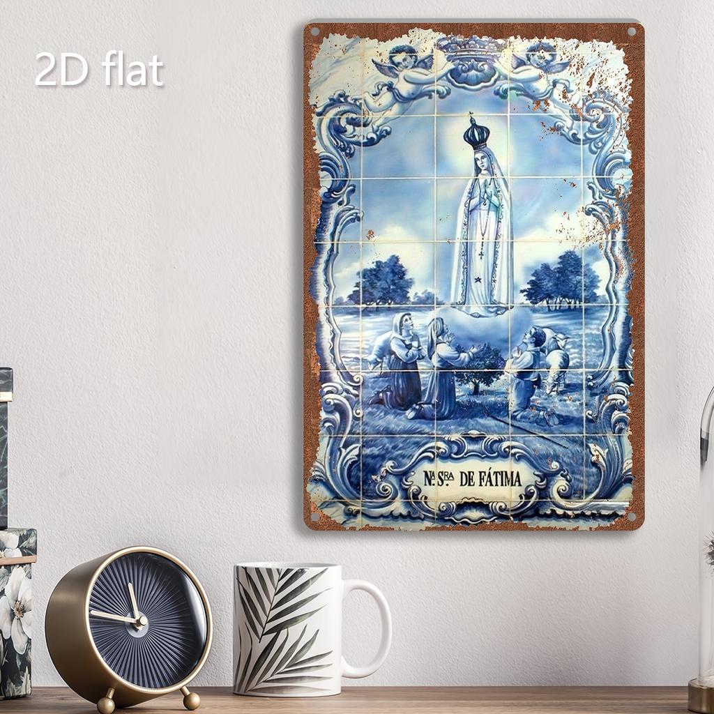 Hisun Tin Sign HD Tin Sign Our Lady of Fatima Vintage Wall Decor Retro Portuguese Azulejo Style Virgin Mary Art Metal Tin Sign for Home Decor