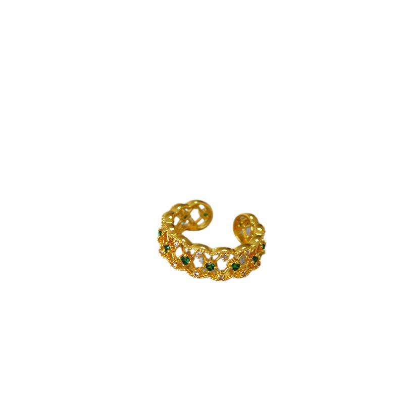 French Retro Gold-Plated Lace Ring with Green Zircon and Rhinestones for Women