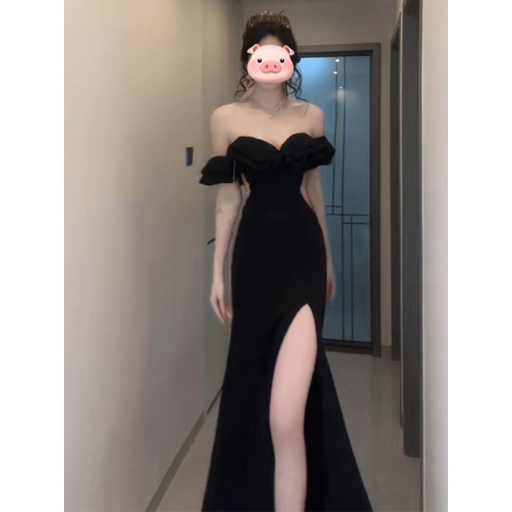 Темпераментное бордовое платье с открытым плечом, платье Spice girl с разрезом, завышенной талией и бедрами, длинное платье с рыбьим хвостом для женщин