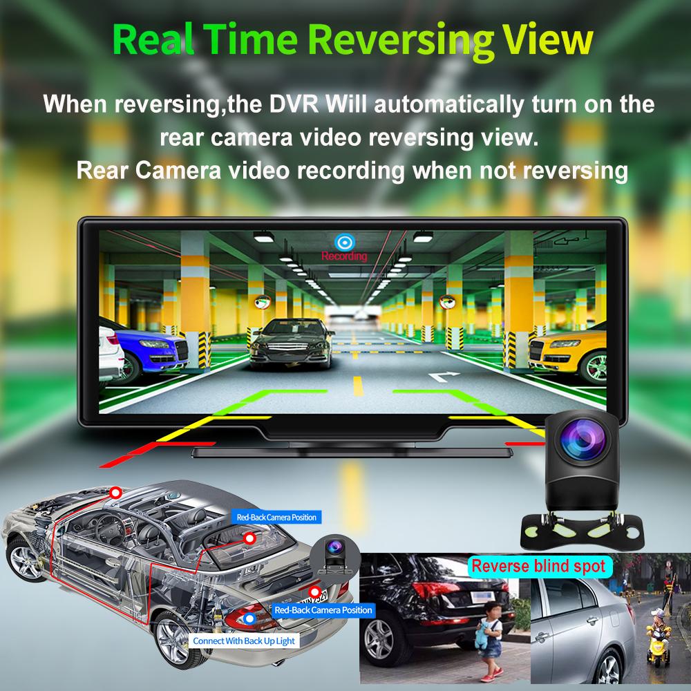 10,26-дюймовый видеорегистратор DVR Car Carplay android auto беспроводной видеорегистратор с двумя объективами BT FM AUX 64G OBD мониторинг парковки