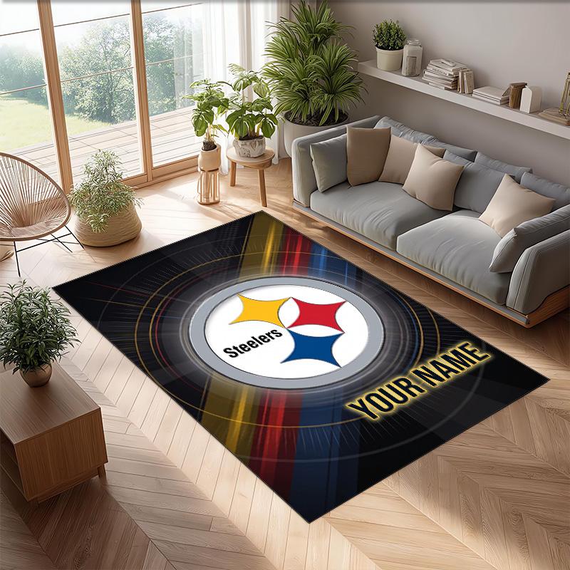 Pittsburgh Steelers Crystal Velvet Rug, Custom Name Text Personalized Non‑Slip Floor Mat for Home Decor Gift
