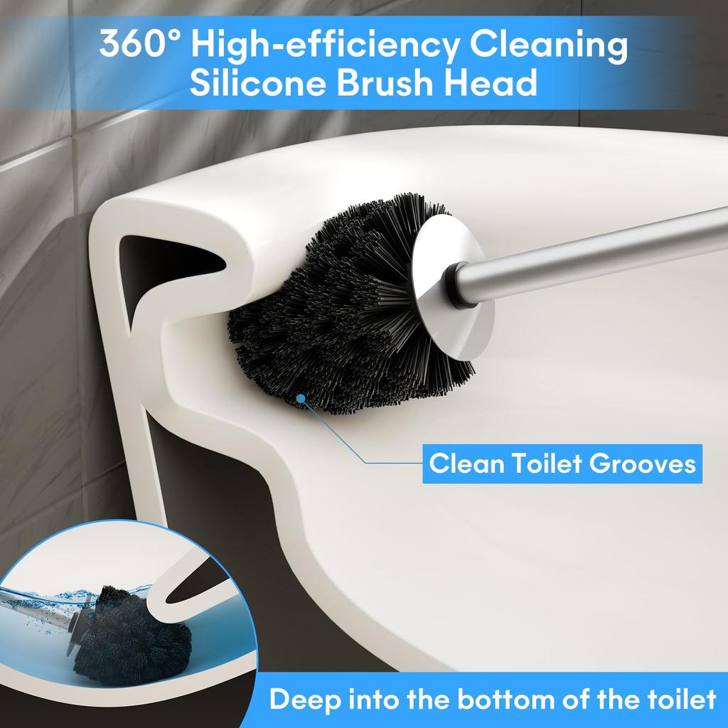 Siapapla SUS304 Stainless Steel Toilet Brush with Stylish Toilet Toilet Bowl Cleaning Brush and Holder Silver Case, Brush, Set, 360° Brush, (Nylon