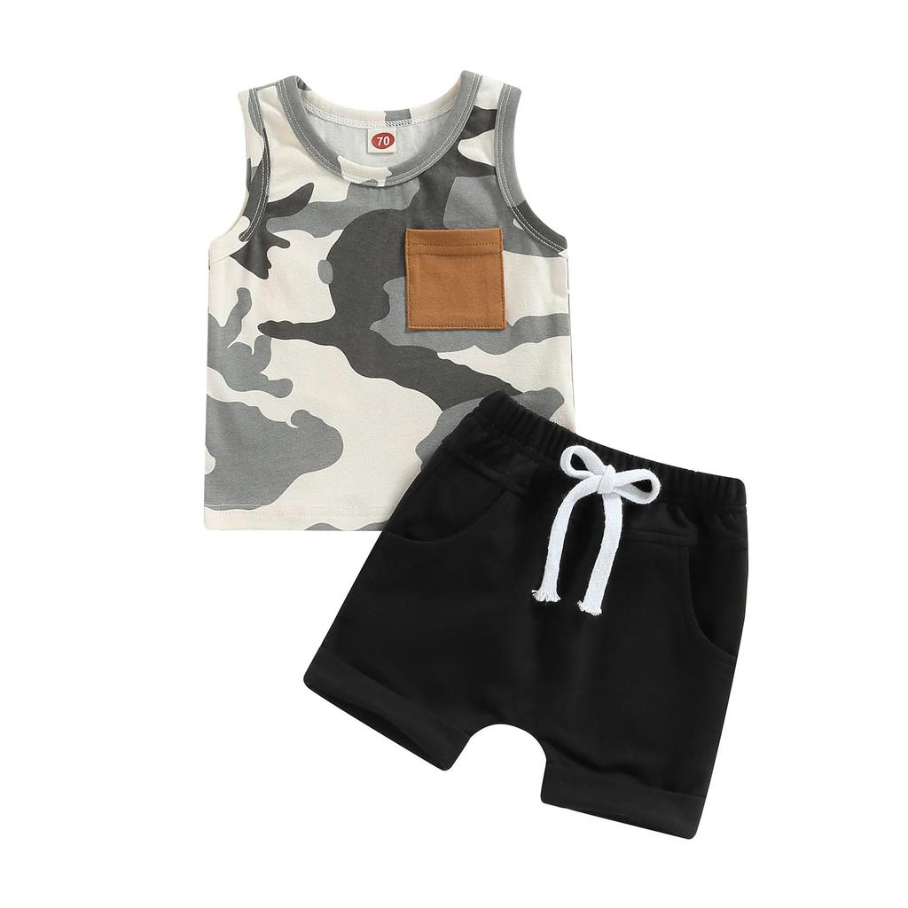 Toddler Boys Summer Outfit Sets Sleeveless O Neck Camouflage Vest + Black Drawstring Shorts