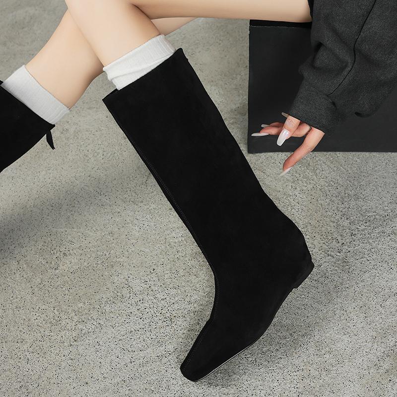 Мода 2025 Новые осенние сапоги до колена из коровьей замши Женская обувь Квадратный носок Слипоны Вестерн Современные сапоги Увеличение высоты Длинные сапоги